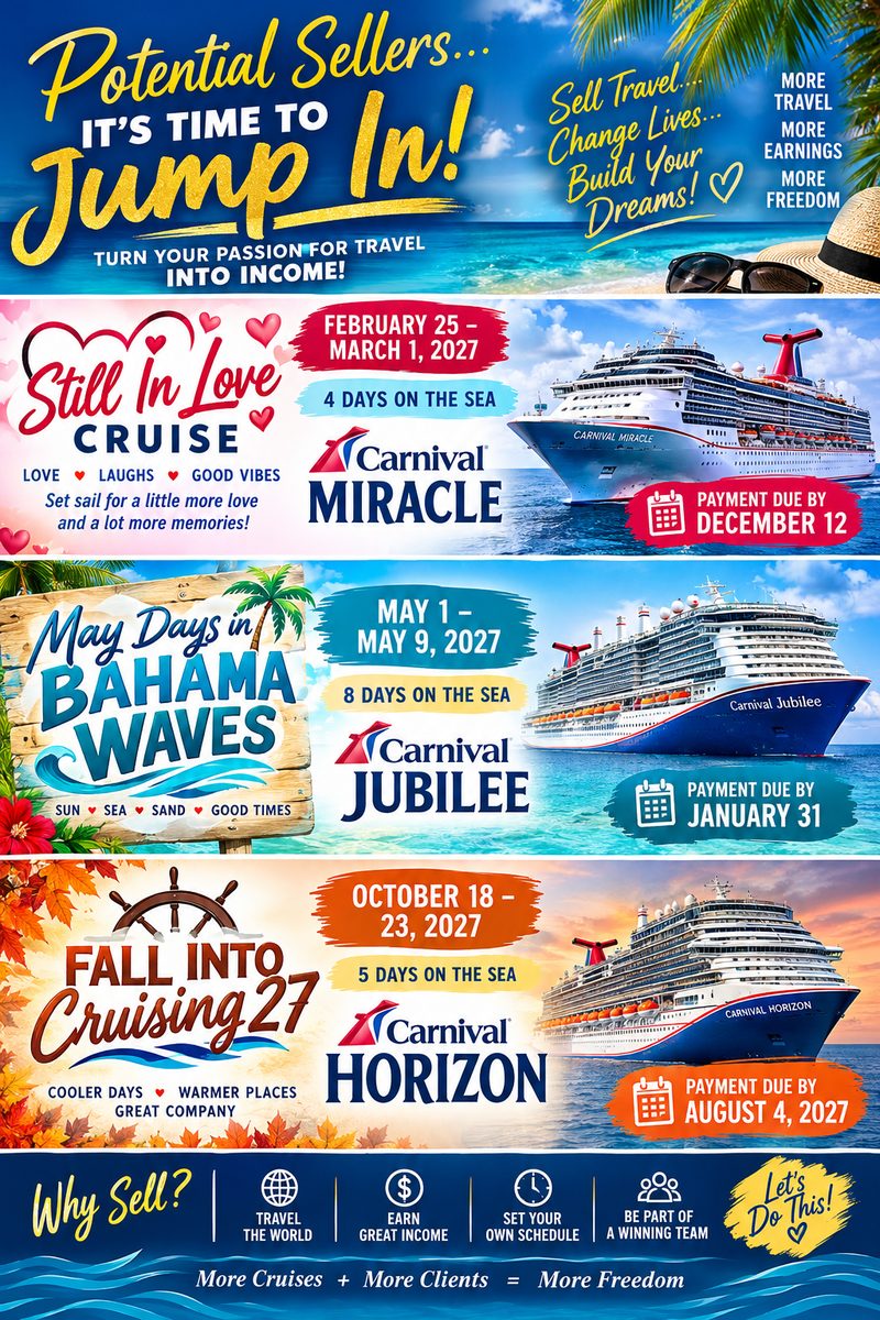 ClassyAnn Travel 2027 cruise flyer: Still In Love, May Days in Bahama Waves, and Fall Into Cruising 27
